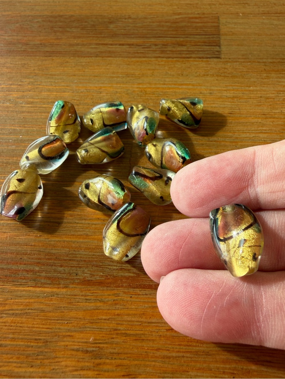 12 Foil Lined Gold, Purple & Green Glass Lampwork Beads for Jewelry Craft Making